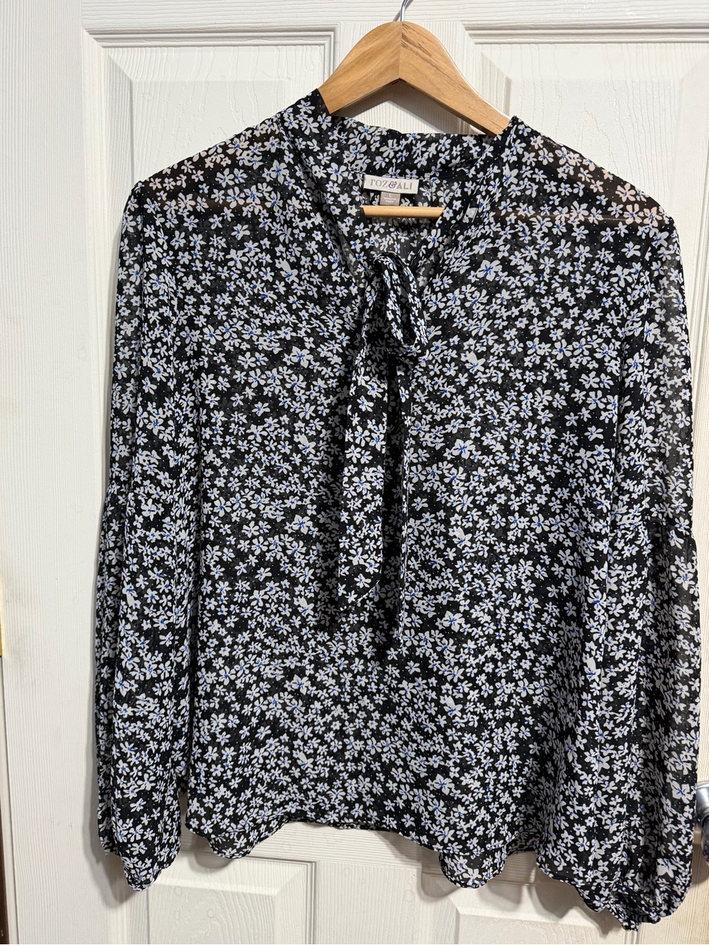 Roz & Ali Black Floral with Royal blue accent color on flowers Tie-Neck Blouse